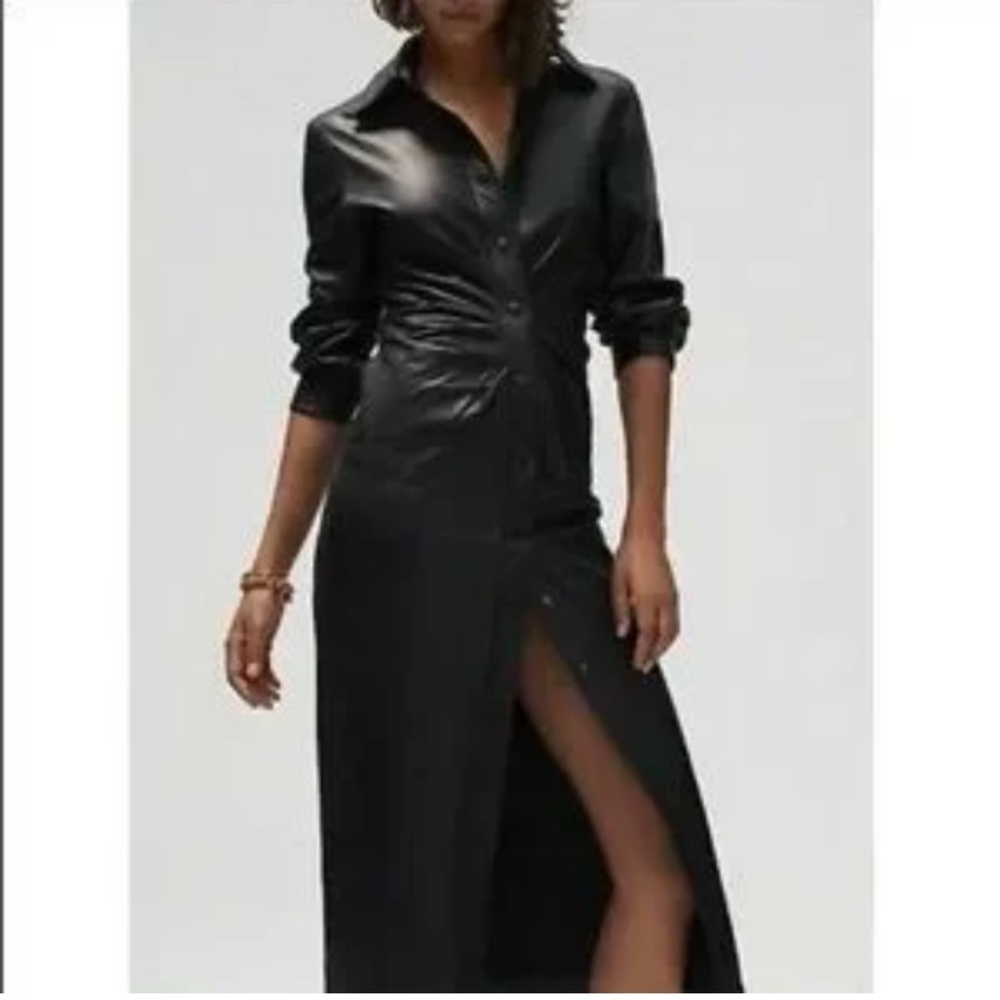Zara Faux Leather Shirt Dress Black Minimalist Chic Modern Elegant Maxi Size XS
